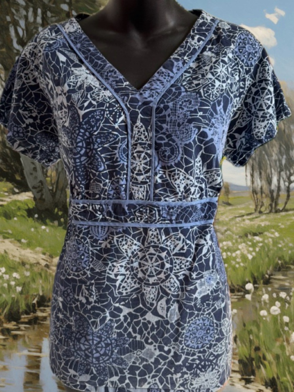 Light, Dark and Medium Blue Geometric Print MEDIUM Tunic Scrub Top